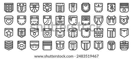 Patch pocket icons set. Fashion designers are developing a wide variety of pocket styles for clothing