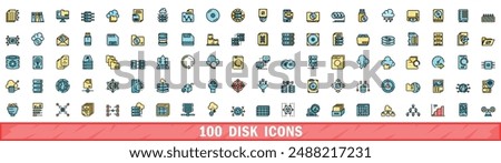 100 disk icons set. Color line set of disk vector icons thin line color flat on white