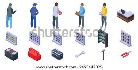 Man buy toolbox icons set. Customers and workers are choosing tools in a hardware store with an assortment of products