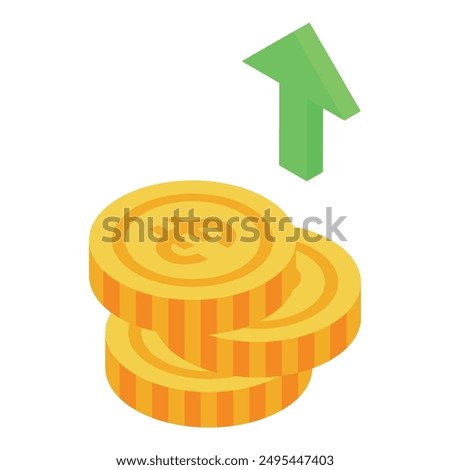 Stack of gold coins with euro sign increasing with up arrow pointing upwards