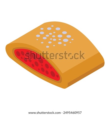 Sweet puff pastry rectangle filled with red jam and decorated with white sugar glaze is lying on white background