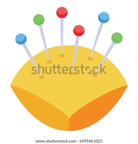 Colorful sewing pins are sticking out of a round yellow pincushion on a white background