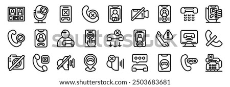 End call icons set. Line icons representing different ways people are blocking unwanted calls and messages using smartphones and social media