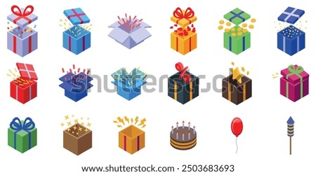 Giftbox confetti explosion icons set. Set of colorful gift boxes opening with confetti, balloons, cake, firework and other surprise elements isometric icons