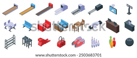 Bowling club interior icons set. Bowling game equipment presenting modern bowling club interior elements with balls pins and shoes