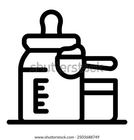 Black and white line icon of a baby bottle being prepared with a scoop of powdered milk formula