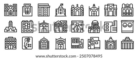 Santa Fe icons set. Set of simple and minimalist building icons representing various architectural styles and functions, from religious buildings to modern skyscrapers