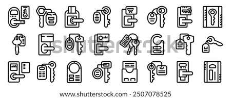 Door key hotel room icons set. Hotel key icon set. Reception desk giving key with room number for client. Check in concept. Line style