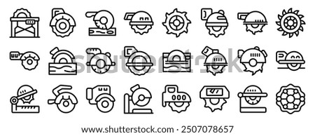 Circular saw machine icons set. Different types of circular saws, cutting tools, and sawmill equipment are depicted as icons