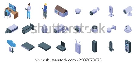 Video surveillance system icons set. Security system protecting building using modern technologies, cctv control service monitoring surveillance cameras