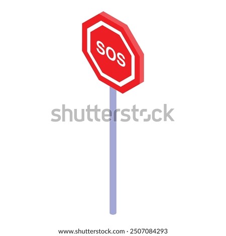 Red octagon sos sign standing on a metal pole, isometric icon