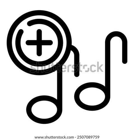 Simple black and white icon of a plus sign adding a music note to a playlist