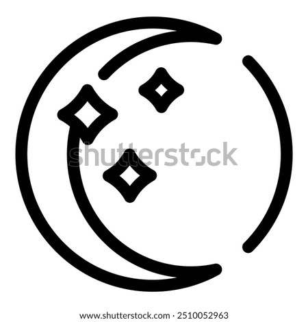 Simple icon of a crescent moon with three four pointed stars shining in the night sky