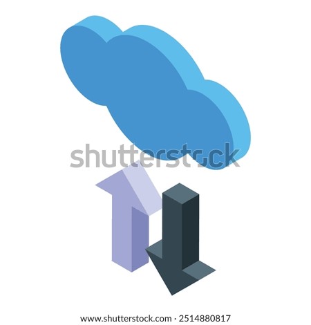 This isometric icon represents the concept of cloud computing with data transferring, downloading, and uploading