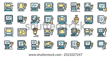 Ultrasound machine icons set showing medical scanners for pregnancy and internal organs diagnosis in color filled outline style