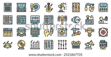 Music recording and audio equipment, microphones and musical instruments icons set in filled outline style