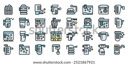 Aquarium filter cleaning water treatment icons set. Outline aquarium filter cleaning water treatment vector icons for web design isolated on white background