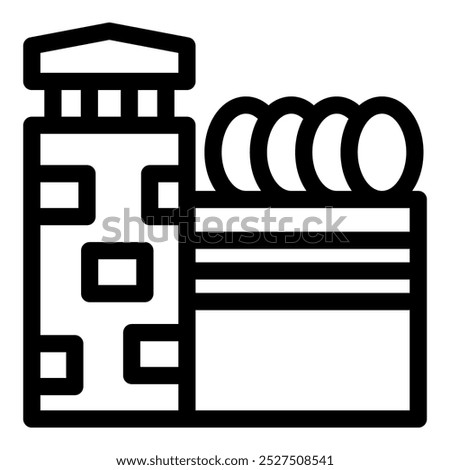 Prison building with barbed wire, guard tower, jail, detention center, outline icon