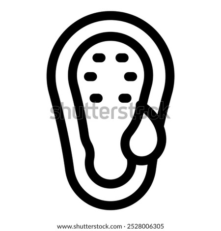 Black and white line art icon of a human ear wearing an earplug with water dripping off of it