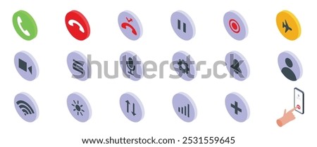 End call icons set. Hand is using a smartphone with a variety of app buttons in an isometric view