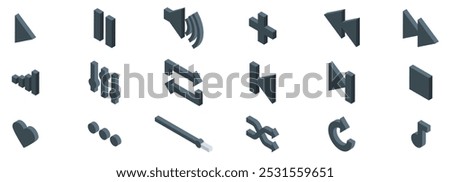 Playback music icons set. Set of dark grey isometric audio player buttons showing various playback options, ideal for developers and designers