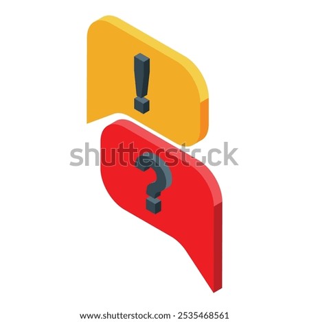 Two isometric chat bubbles, one yellow with an exclamation mark and one red with a question mark, representing problem solving