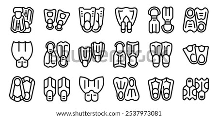 Scuba flippers icons set. Set of black line icons of diver fins, flippers for diving and swimming in different styles