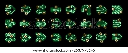 Set of various neon green arrows with yellow sparks on black background, indicating multiple directions and movements