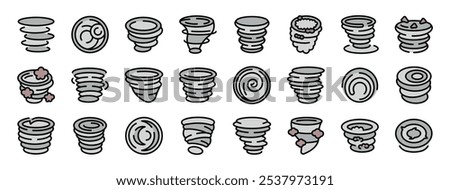 Different stylized tornado icons depicting swirling vortexes of wind, representing powerful and destructive weather phenomena