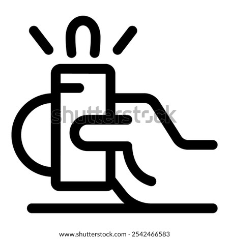 Line art vector icon of a hand holding a smartphone with light flashing from the screen