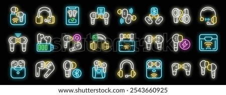 Glowing neon icons representing various wireless earbuds and headphones, showcasing features like bluetooth connectivity, charging cases, and noise cancellation