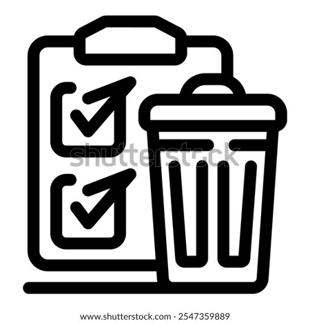 Completed tasks are represented by a clipboard with checkmarks next to a trash can, symbolizing efficient task management and disposal of completed items