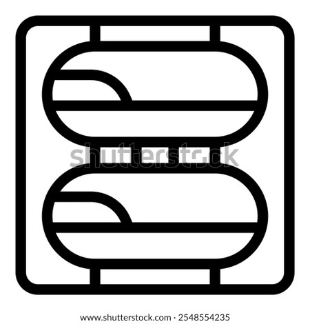 Simple black and white icon of a double decker train moving on a rail, representing public transport