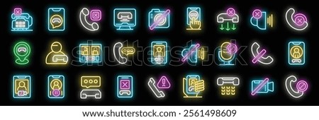 Bright neon icons depicting various aspects of phone and video communication, including incoming and outgoing calls, missed calls, video conferencing, and more