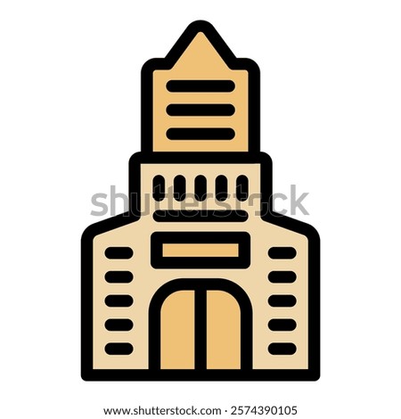 Simple icon of a medieval castle building featuring an arched entryway and towering spire