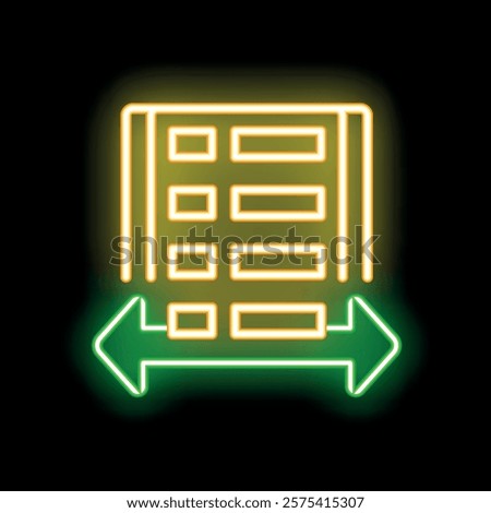 Neon spreadsheet icon with two green arrows pointing left and right, symbolizing data transfer or exchange