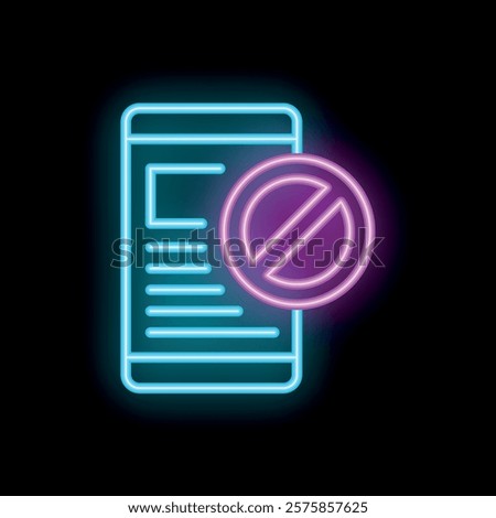 Neon icon of a smartphone with a stop sign, representing forbidden content and restricted access