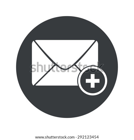 Image of envelope with plus in black circle, isolated on white