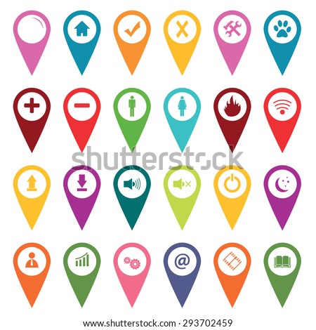 Colored map marker icons with idfferent images, isolated on white