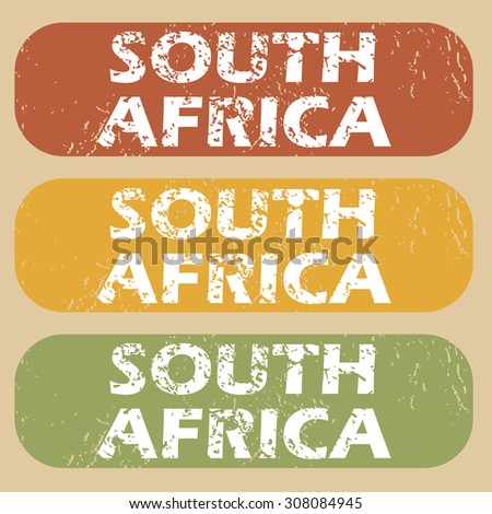 Set of rubber stamps with country name South Africa on colored background