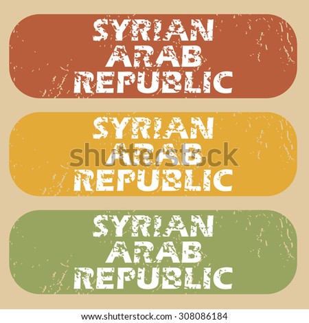 Set of rubber stamps with country name Syrian Arab Republic on colored background