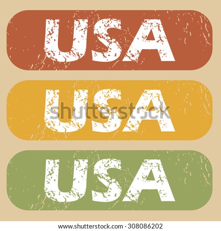 Set of rubber stamps with country name USA on colored background