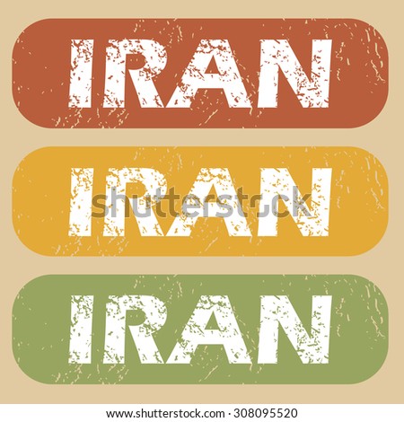 Set of rubber stamps with country name Iran on colored background