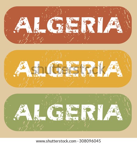 Set of rubber stamps with country name Algeria on colored background