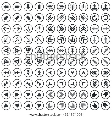 Arrow sign icons set, black arrows in circles, on white background