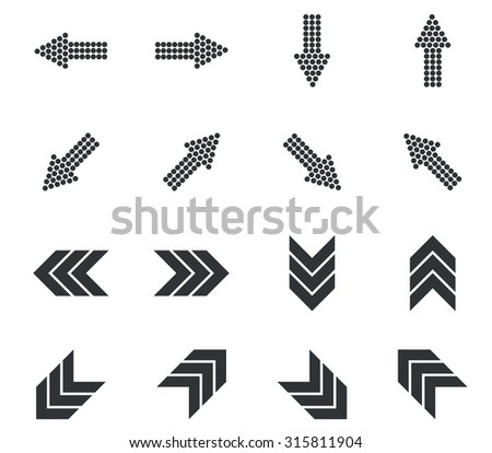 Arrow icon set, dotted and tripled black arrows, on white background