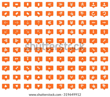Arrow orange message icons set, images in filled chat bubbles on white background
