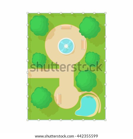 Top view of park with a fountain icon in cartoon style. Illustration of top view fountain aerial and trees vector icon isolated on white