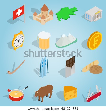 Isometric switzerland icons set. Universal switzerland icons to use for web and mobile UI, set of basic switzerland elements vector illustration