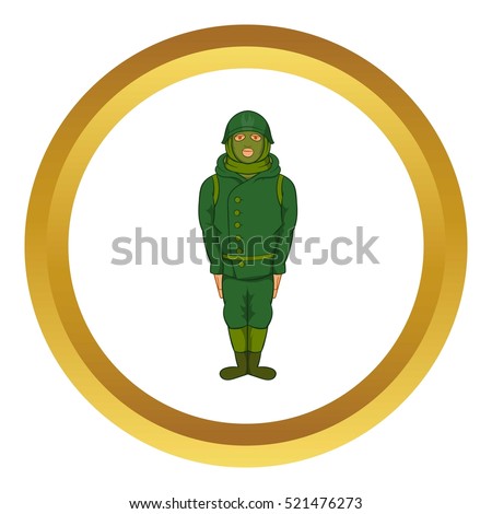 Green military camouflage uniform vector icon in golden circle, cartoon style isolated on white background